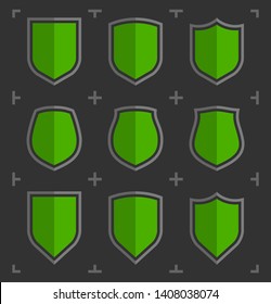 Protect guard shield plain line concept. Outline shield badge. Safety icon set. Privacy banner. Security label. Flat protect sticker symbol shape. Safeguard simple sign linear flat shield pictogram