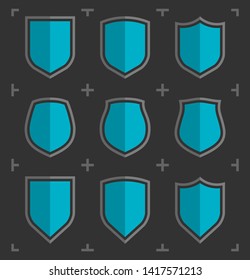 Protect guard shield plain line concept. Outline shield badge. Safety icon set. Privacy banner. Security label. Flat protect sticker symbol shape. Safeguard simple sign linear flat shield pictogram