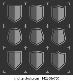 Protect guard shield plain line concept. Outline shield badge. Safety icon set. Privacy banner. Security label. Flat protect sticker symbol shape. Safeguard simple sign linear flat shield pictogram