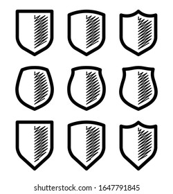 Protect guard shield plain line concept. Nine Outline Security badge. style protect sticker symbol. Safeguard simple sign linear shield pictogram