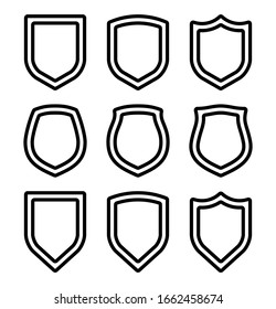 Proteger el concepto de línea plana de protección. Nueve distintivos de seguridad de esquema. estilo proteger símbolo de etiqueta. Proteger el pictograma de escudo lineal simple de señas