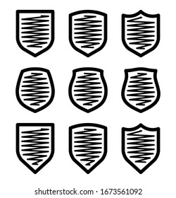 Proteger el concepto de línea plana de protección. Nueve distintivos de seguridad de esquema. estilo proteger símbolo de etiqueta. Proteger el pictograma de escudo lineal simple de señas