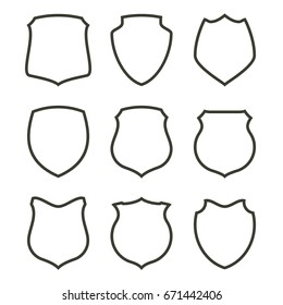 Protect guard shield plain line concept. Outline shield badge. Safety icon set. Privacy banner kit. Security label. Flat style protect sticker symbol shape. Safeguard simple sign. linear pictogram