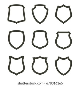 Protect guard shield plain line concept. Outline shield badge. Safety icon set. Privacy banner kit. Security label. Flat style protect sticker symbol shape. Safeguard simple sign. linear pictogram