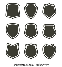 Protect guard shield plain line concept. Outline shield badge. Safety icon set. Privacy banner kit. Security label. Flat style protect sticker symbol shape. Safeguard simple sign. linear pictogram