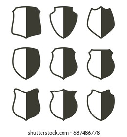 Protect guard shield plain line concept. Outline shield badge. Safety icon set. Privacy banner kit. Security label. Flat style protect sticker symbol shape. Safeguard simple sign. linear pictogram