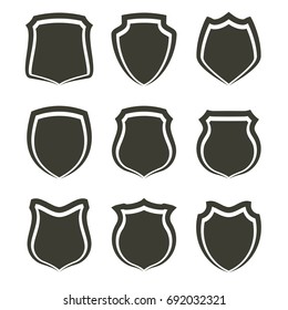 Protect guard shield plain line concept. Outline shield badge. Safety icon set. Privacy banner kit. Security label. Flat style protect sticker symbol shape. Safeguard simple sign. linear pictogram