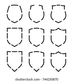 Protect guard shield plain line concept. Outline shield badge. Safety icon set. Privacy banner kit. Security label. Flat style protect sticker symbol shape. Safeguard simple sign linear pictogram