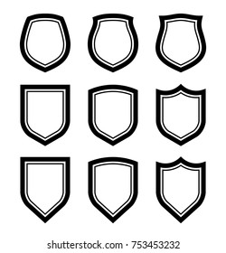 Protect guard shield plain line concept. Outline shield badge. Safety icon set. Privacy banner kit. Security label. Flat style protect sticker symbol shape. Safeguard simple sign linear pictogram