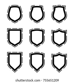 Protect guard shield plain line concept. Outline shield badge. Safety icon set. Privacy banner kit. Security label. Flat style protect sticker symbol shape. Safeguard simple sign linear pictogram