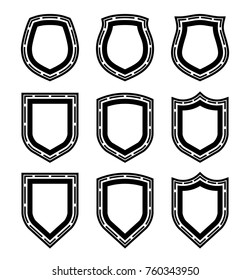 Protect guard shield plain line concept. Outline shield badge. Safety icon set. Privacy banner kit. Security label. Flat style protect sticker symbol shape. Safeguard simple sign linear pictogram