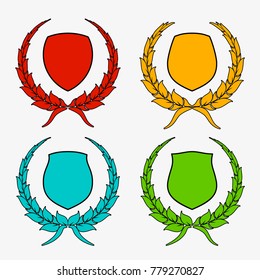 Protect guard shield plain line concept. Outline shield badge. Safety icon set. Privacy banner kit. Security label. Flat style protect sticker symbol shape. Safeguard simple sign linear pictogram