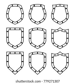 Protect guard shield plain line concept. Outline shield badge. Safety icon set. Privacy banner kit. Security label. Flat style protect sticker symbol shape. Safeguard simple sign linear pictogram