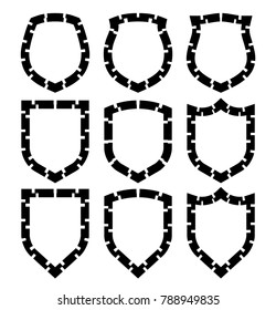 Protect guard shield plain line concept. Outline shield badge. Safety icon set. Privacy banner kit. Security label. Flat style protect sticker symbol shape. Safeguard simple sign linear pictogram