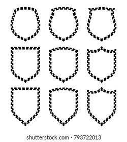 Protect guard shield plain line concept. Outline shield badge. Safety icon set. Privacy banner kit. Security label. Flat style protect sticker symbol shape. Safeguard simple sign linear pictogram