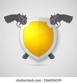 Protect guard shield two gun banner. Safety badge piston icon. Privacy banner revolver shield. Security handgun label. Defense gat presentation revolver sticker. Defense safeguard shield weapon sign