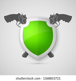 Protect guard shield two gun banner. Safety badge piston icon. Privacy banner revolver shield. Security handgun label. Defense gat presentation revolver sticker. Defense safeguard shield weapon sign