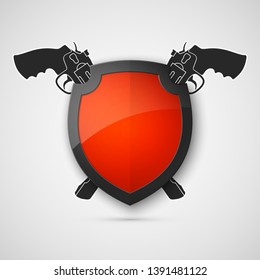 Protect guard shield two gun banner. Safety badge piston icon. Privacy banner revolver shield. Security handgun label. Defense gat presentation revolver sticker. Defense safeguard shield weapon sign