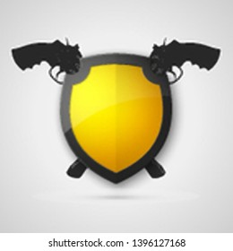 Protect guard shield two gun banner. Safety badge piston icon. Privacy banner revolver shield. Security handgun label. Defense gat presentation revolver sticker. Defense safeguard shield weapon sign