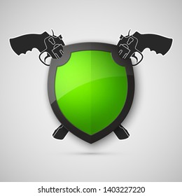 Protect guard shield two gun banner. Safety badge piston icon. Privacy banner revolver shield. Security handgun label. Defense gat presentation revolver sticker. Defense safeguard shield weapon sign