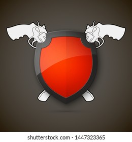 Protect guard shield two gun banner. Safety badge piston icon. Privacy banner revolver shield. Security handgun label. Defense gat presentation revolver sticker. Defense safeguard shield weapon sign
