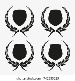Protect guard shield wreath concept. Outline shield badge. Safety icon set. Privacy banner kit. Security label. Flat style protect garland sticker symbol shape. Safeguard simple sign wreath pictogram