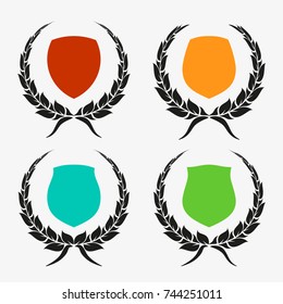 Protect guard shield wreath concept. Outline shield badge. Safety icon set. Privacy banner kit. Security label. Flat style protect garland sticker symbol shape. Safeguard simple sign wreath pictogram