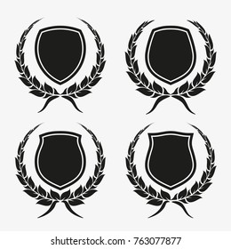 Protect guard shield wreath concept. Outline shield badge. Safety icon set. Privacy banner kit. Security label. Flat style protect garland sticker symbol shape. Safeguard simple sign wreath pictogram