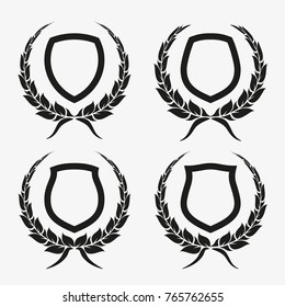 Protect guard shield wreath concept. Outline shield badge. Safety icon set. Privacy banner kit. Security label. Flat style protect garland sticker symbol shape. Safeguard simple sign wreath pictogram