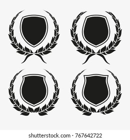 Protect guard shield wreath concept. Outline shield badge. Safety icon set. Privacy banner kit. Security label. Flat style protect garland sticker symbol shape. Safeguard simple sign wreath pictogram