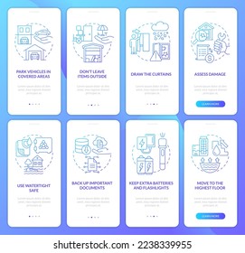 Protect from hailstorm and flood blue gradient onboarding mobile app screen set. Walkthrough 4 steps graphic instruction with linear concepts. UI, UX, GUI template. Myriad Pro-Bold, Regular fonts used