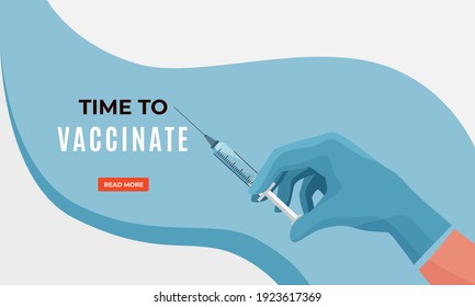 Protect health vaccination campaign concept vector banner background in modern simple style. Nurse, doctor hand hold syringe with vaccine from coronavirus disease. Time to vaccinate text.