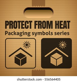 PROTECT FROM HEAT packaging symbol on a corrugated cardboard box. For use on cardboard boxes, packages and parcels.Vector illustration