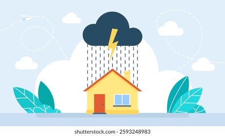 Protect house from floods in flat design. Protecting house. Business concept. Insurance. Symbol of residential security from mortgage payment or damage. Vector illustration.