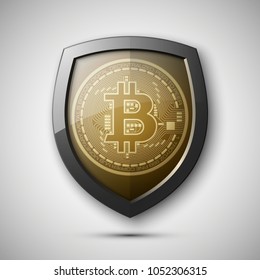 Protect HUD bitcoin. Digital shield currency money. Safe technology microchip mining worldwide network. Web banner bitcoin shield background microchip Physical protected bit coin Cryptocurrency shield