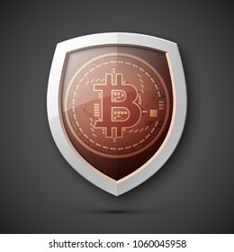 Protect HUD bitcoin. Digital shield currency money. Safe technology microchip mining worldwide network. Web banner bitcoin shield background microchip Physical protected bit coin Cryptocurrency shield