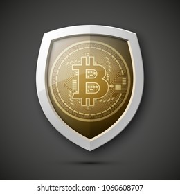 Protect HUD bitcoin. Digital shield currency money. Safe technology microchip mining worldwide network. Web banner bitcoin shield background microchip Physical protected bit coin Cryptocurrency shield