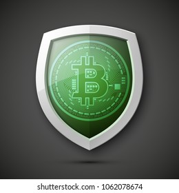 Protect HUD bitcoin. Digital shield currency money. Safe technology microchip mining worldwide network. Web banner bitcoin shield background microchip Physical protected bit coin Cryptocurrency shield