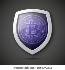 Protect HUD bitcoin. Digital shield currency money. Safe technology microchip mining worldwide network. Web banner bitcoin shield background microchip Physical protected bit coin Cryptocurrency shield