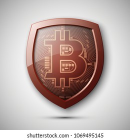 Protect HUD bitcoin. Digital shield currency money. Safe technology microchip mining worldwide network. Web banner bitcoin shield background microchip Physical protected bit coin Cryptocurrency shield