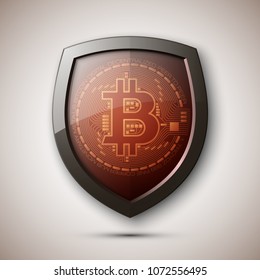 Protect HUD bitcoin. Digital shield currency money. Safe technology microchip mining worldwide network. Web banner bitcoin shield background microchip Physical protected bit coin Cryptocurrency shield