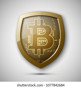 Protect HUD bitcoin. Digital shield currency money. Safe technology microchip mining worldwide network. Web banner bitcoin shield background microchip Physical protected bit coin Cryptocurrency shield