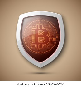 Protect HUD bitcoin. Digital shield currency money. Safe technology microchip mining worldwide network. Web banner bitcoin shield background microchip Physical protected bit coin Cryptocurrency shield