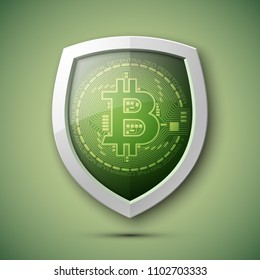Protect HUD bitcoin. Digital shield currency money. Safe technology microchip mining worldwide network. Web banner bitcoin shield background microchip Physical protected bit coin Cryptocurrency shield