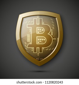 Protect HUD bitcoin. Digital shield currency money. Safe technology microchip mining worldwide network. Web banner bitcoin shield background microchip Physical protected bit coin Cryptocurrency shield