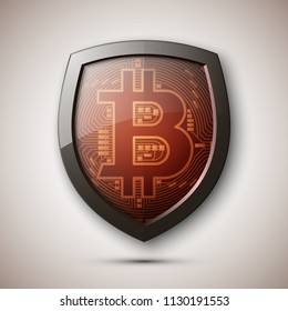 Protect HUD bitcoin. Digital shield currency money. Safe technology microchip mining worldwide network. Web banner bitcoin shield background microchip Physical protected bit coin Cryptocurrency shield
