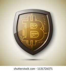 Protect HUD bitcoin. Digital shield currency money. Safe technology microchip mining worldwide network. Web banner bitcoin shield background microchip Physical protected bit coin Cryptocurrency shield