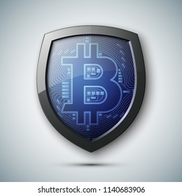 Protect HUD bitcoin. Digital shield currency money. Safe technology microchip mining worldwide network. Web banner bitcoin shield background microchip Physical protected bit coin Cryptocurrency shield