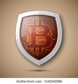 Protect HUD bitcoin. Digital shield currency money. Safe technology microchip mining worldwide network. Web banner bitcoin shield background microchip Physical protected bit coin Cryptocurrency shield