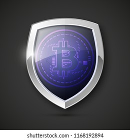 Protect HUD bitcoin. Digital shield currency money. Safe technology microchip mining worldwide network. Web banner bitcoin shield background microchip Physical protected bit coin Cryptocurrency shield